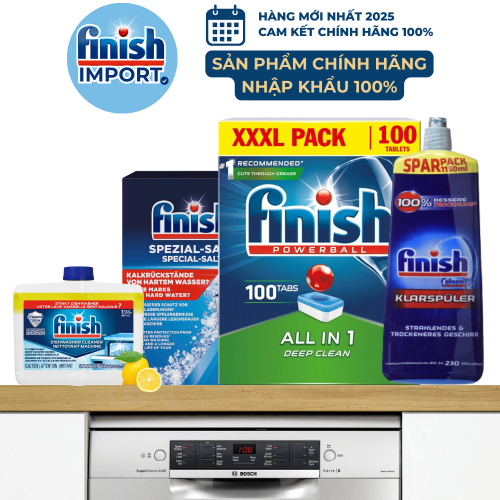 Combo 4 món: Hộp 100 viên Finish All in 1 MEGA + 1,2kg muối Finish + 1150ml nước bóng Finish + 250ml vệ sinh máy Finish